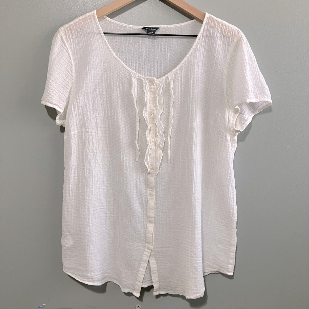 Eddie Bauer Button Down Short Sleeve Ruffle Front Blouse Cream Women Size Large